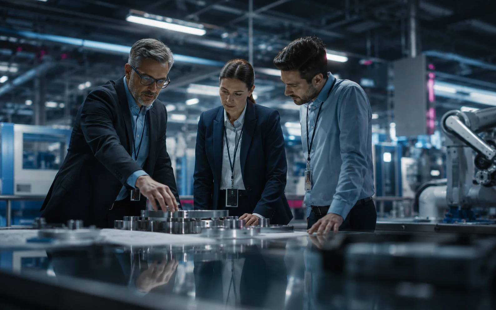 Equipo directivo revisando procesos de manufactura en planta moderna